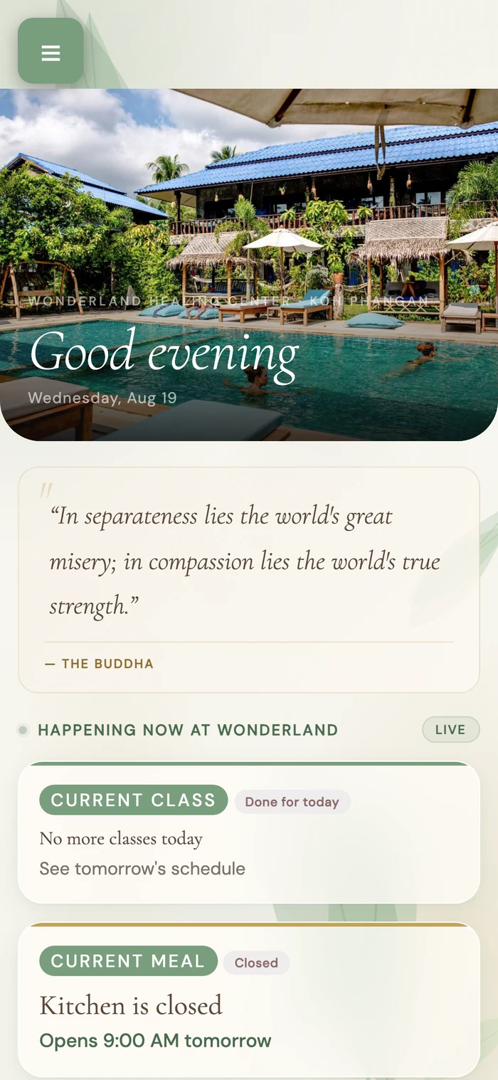 Wonderland guest app Home screen showing Happening Now with a live class